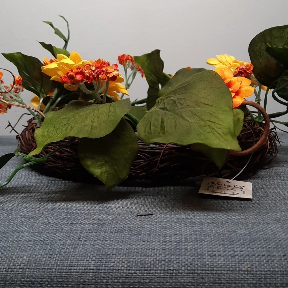 Zinnia Wreath Yellow Orange Flower Artificial Floral Candle Ring Centerpiece